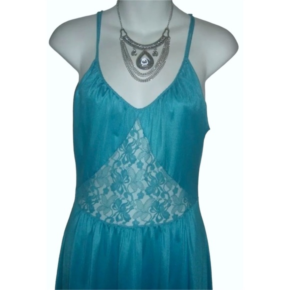 Vintage 80's Diane Von Furstenberg Aqua Blue Satin Nightqown Long Lace Dynasty - Picture 5 of 9